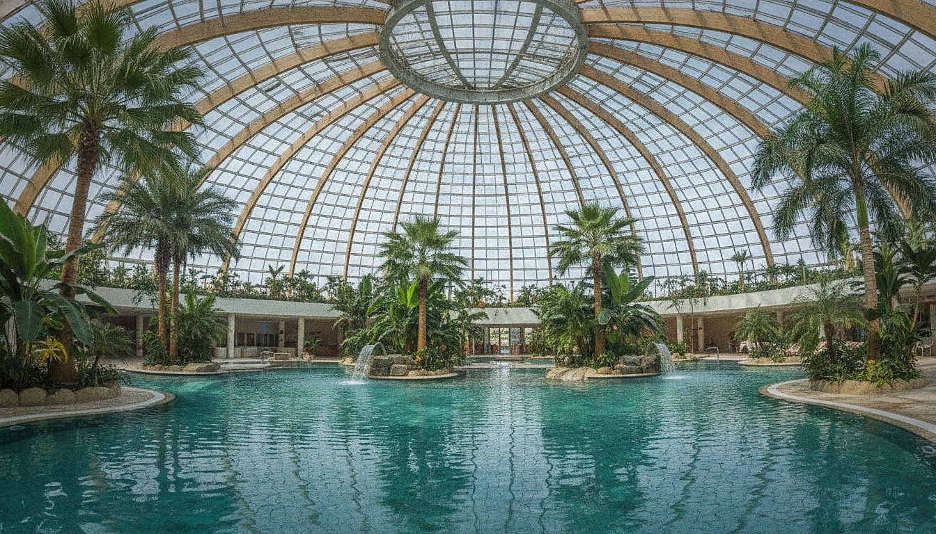 Piscina termale interna delle Terme di Bucarest circondata da palme sotto la cupola di vetro